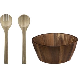 Secret de Gourmet Slakom/Serveerschaal met bamboe slacouvert - Acacia hout - D28 cm - Saladeschalen