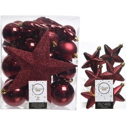 Kerstversiering kunststof kerstballen met piek donkerrood 5-6-8 cm pakket van 39x stuks - Kerstbal