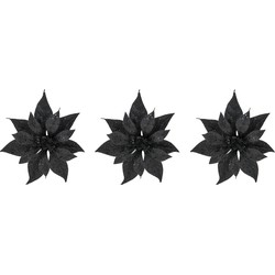 6x stuks decoratie bloemen kerstster zwart glitter op clip 18 cm - Kunstbloemen