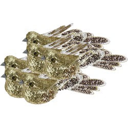 6x stuks kunststof decoratie vogels op clip goud met pailletten 15 cm - Kersthangers