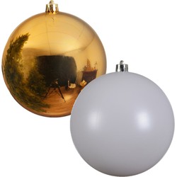 2x stuks grote kerstballen van 20 cm glans van kunststof goud en wit - Kerstbal