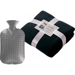 Fleece deken/plaid - donkerblauw - 130 x 170 cm - kruik - 2 liter - Plaids