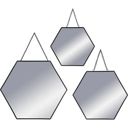 Set van 3x spiegels/wandspiegels hexagon metaal zwart met ketting - Spiegels
