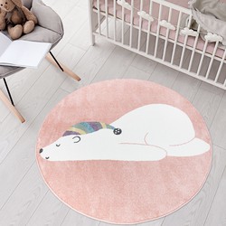 Tapijtenloods Vloerkleed Beer Rond Laagpolig Anime Kids Roze Creme- 160 CM ROND