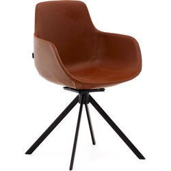 Kave Home - Tissiana-stoel met terugdraaiende zitting in bruin synthetisch leer en mat zwart aluminium