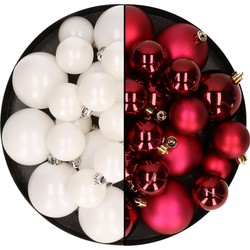 Kerstversiering kunststof kerstballen mix donkerrood/winter wit 4-6-8 cm pakket van 68x stuks - Kerstbal