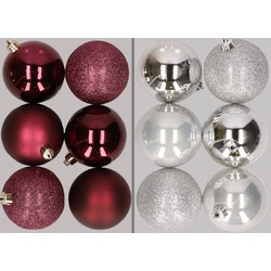 12x stuks kunststof kerstballen mix van aubergine en zilver 8 cm - Kerstbal