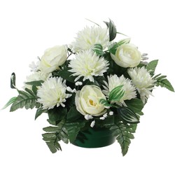 Louis Maes Kunstbloemen plantje in pot - wit - 25 cm - Bloemstuk ornament - ranonkels/asters met bladgroen - Kunstbloemen