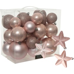 Pakket 32x stuks kunststof kerstballen en sterren ornamenten lichtroze - Kerstbal