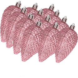 12x stuks kunststof glitter dennenappels kersthangers lippenstift roze 8 cm - Kersthangers