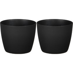 2x stuks plantenpot/bloempot kunststof zwart ribbels patroon - D13,5/H11 cm - Plantenpotten