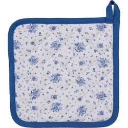 Clayre & Eef Pannenlap  20x20 cm Wit Blauw Katoen Vierkant Roosjes