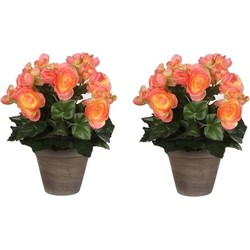 2x Zalmroze Begonia kunstplanten 30 cm met oranje bloemen en grijze pot - Kunstplanten