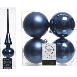 Blauwe kerstversiering/kerstdecoratie set piek en 4x kerstballen 10 cm glans/mat - Kerstbal
