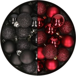 28x stuks kleine kunststof kerstballen zwart en bordeaux rood 3 cm - Kerstbal