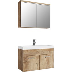 Badplaats Badkamermeubel Set Paso 02 80 cm - Kastanje Eiken - Badmeubel met Wastafel en Spiegelkast