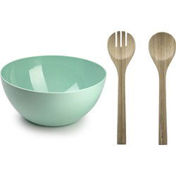 Salade serveer schaal - mintgroen - kunststof - Dia 28 cm - incl. bamboe Sla couvert/bestek - Serveerschalen