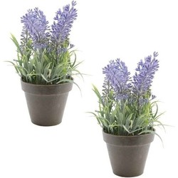 2x Kaemingk Kunstplant - lavendel - paars - 17 cm - in zwarte pot - lavandula - Kunstplanten