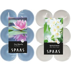 Candles by Spaas geurkaarsen - 24x stuks in 2 geuren Jasmin en Waterlilly flowers - geurkaarsen