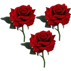 3x stuks Valentijn thema feestartikelen kunstbloem Rode roos/rozen deluxe 31 cm - Kunstbloemen
