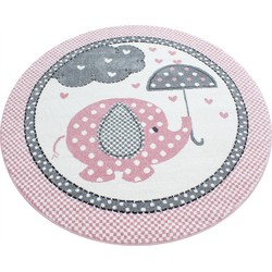 Tapijtenloods Kids Olifant Rond Vloerkleed Kinderkamer Roze / Wit Laagpolig- 120 CM ROND