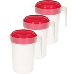 3x stuks waterkan/sapkan transparant/fuchsia roze met deksel 1 liter kunststof - Schenkkannen
