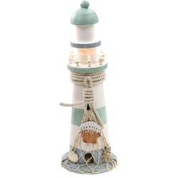 Vuurtoren beeldje met LED licht - Hout - 10 x 30 cm - wit/mintgroen - Maritieme woon decoraties - Beeldjes