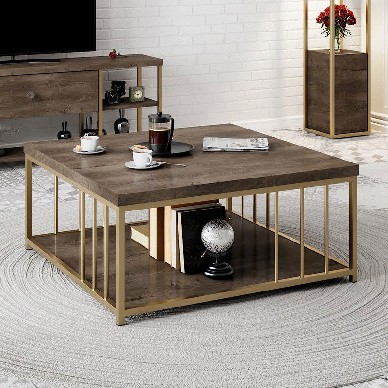 Vierkante Salontafel Walnoot Zenn 90x90 - Gouden Frame - 