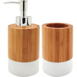 Badkamerset - bamboe - 2-delig - zeeppompje + beker - 17 cm - badkamer - Badkameraccessoireset