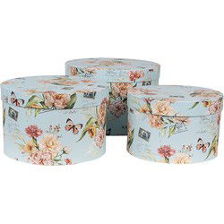 Clayre & Eef Opbergdoos Set van 3 Ø 24x16 / Ø 22x15 / Ø 21x13 cm Blauw Karton Rond Bloemen