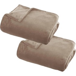 2x Stuks Fleece deken/fleeceplaid donker beige 125 x 150 cm polyester - Plaids