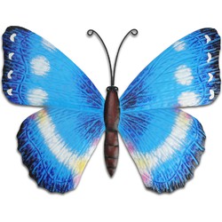 Pro Garden tuin wanddecoratie vlinder - metaal - blauw - 31 x 23 cm - Tuinbeelden