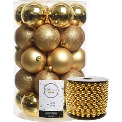 34x stuks kunststof kerstballen 8 cm inclusief kralenslinger goud - Kerstbal