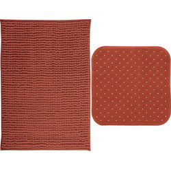 MSV Douche anti-slip mat en droogloop mat - Sevilla badkamer set - rubber/microvezel - tarracotta - Badmatjes