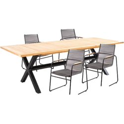 Tuinset Wakai tafel dark grey, teak 236x100 cm met 4 stoelen Wasabi stoel kussen black, rope dark grey
