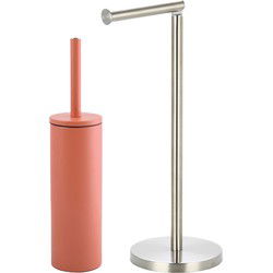 Spirella Badkamer accessoires set - WC-borstel/toiletrollen houder - terracotta/zilver - Badkameraccessoireset