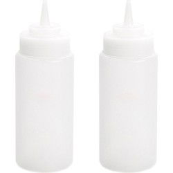 PlasticForte Doseerfles/sausfles - 2x - kunststof - transparant - met schenktuit - 500 ml - 20 cm - Maatbekers