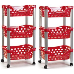 Set van 2x keukentrolley/roltafel 3 laags kunststof rood 40 x 65 cm - Opberg trolley