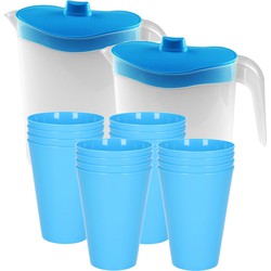 16x kunststof drinkbekers 430 ML met 2x stuks schenkkannen set blauw van 2.5 liter - Schenkkannen