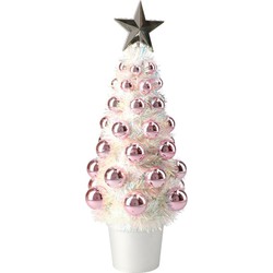Complete mini kunst kerstboompje/kunstboompje roze met kerstballen 29 cm - Kunstkerstboom