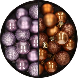 28x stuks kleine kunststof kerstballen lila paars en bruin 3 cm - Kerstbal