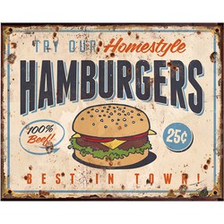 Clayre & Eef Tekstbord  25x20 cm Beige Ijzer Hamburger Food Wandbord