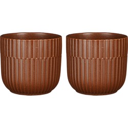 2x Stuks Plantenpot/bloempot keramiek mat bruin stripes patroon - D12.5/H11 cm - Plantenpotten