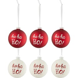 J-line - Doos Van 6 Kerstballen Hohoho! Glas Wit/rd Small - 8x8x8cm