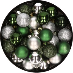 28x stuks kunststof kerstballen donkergroen en zilver mix 3 cm - Kerstbal