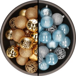 Kunststof kerstballen 74x stuks goud en lichtblauw 6 cm - Kerstbal