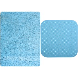MSV Douche anti-slip mat en droogloop mat - Venice badkamer set - rubber/microvezel - lichtblauw - Badmatjes