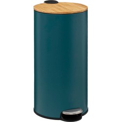 5Five prullenbak/pedaalemmer Bamboe - petrol blauw - metaal - 30 liter - 38 x 29 x 60 cm - keuken - Pedaalemmers