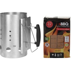 BBQ briketten/houtskool starter met kunststoffen handvat 30 cm met 32x BBQ aanmaakblokjes - Brikettenstarters