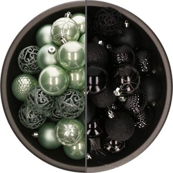 74x stuks kunststof kerstballen mix van zwart en mintgroen 6 cm - Kerstbal